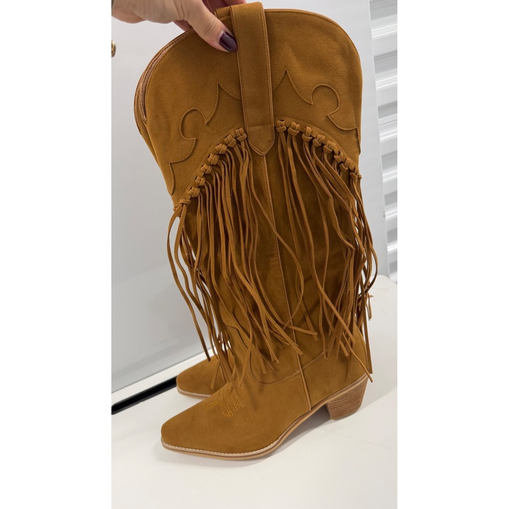 Cognac Faux Suede Fringe Western Cowboy Boots Pointed Toe Tall Tan Womens 11